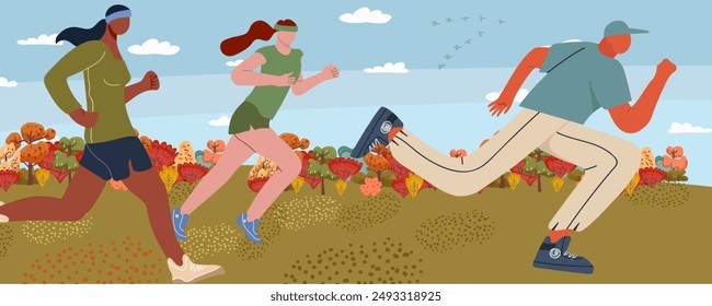 Fall marathon. Jogging, running people. Active healthy runners, runners training in a city park, against the backdrop of urban nature, participate in the fall marathon. 