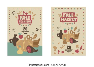 Fall market poster, flyer design template with autumn harvest, vegetables, meat, bread and fruit. Autumn fall festival, market hand drawn typographic logo, emblem. Vector illustration