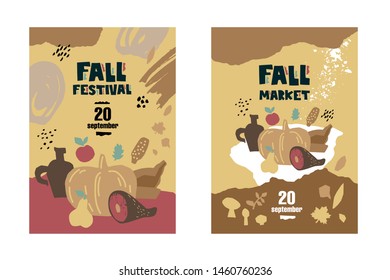 Fall market poster, flyer design template with autumn harvest, vegetables, meat, bread and fruit. Autumn fall festival, market hand drawn typographic logo, emblem. Vector illustration