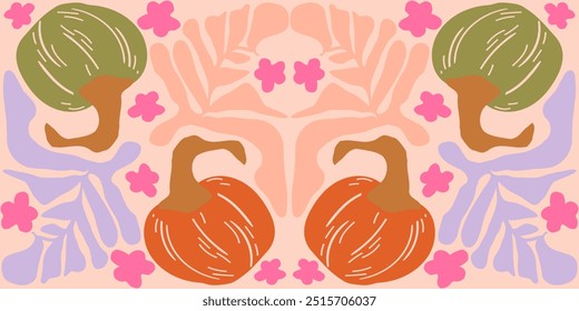 Fall Matisse illustration. Art Nouveau landscape panorama with Autumn Pumpkins. Tile seamless pattern in groovy 60s 70s vibes.