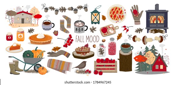 Fall mood. Set of vector autumn illustrations: pumpkin, coffee Cup, leaf fall, acorns, mushrooms, fireplace, apples, pumpkin pie, rubber boots, gloves, scarf, autumn landscape. On white background.