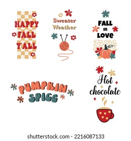 Fall motivational groovy inscriptions' collection. Autumn vector quotes, color poster. Pumpkin Spice Season. Welcome fall.