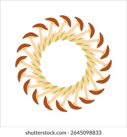 Fall mushroom circular frame. A circular frame of fall mushrooms and grass. Mushrooms have a brown cap and are arranged in a circle. Vector flat isolation on white background.