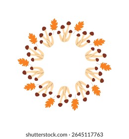 Fall mushroom and oak leaf circular frame. A circular frame of fall mushrooms and grass. Mushrooms have a brown cap and are arranged in a circle. Vector flat isolation on white background.