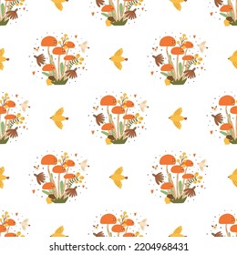 Fall mushroom pattern. Forest mushroom seamless pattern. Autumn mushroom with leaves, flowers berry bird. Autumn background. Floral mushroom repeated card, print, paper, wallpaper vector illustration.