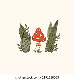 Fall mushroom poster. Autumn mushroom with leaves. Fall mushroom sticker, mushroom isolated element vector illustration.