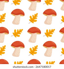 Fall mushroom seamless pattern with yellow leaves. Flat style autumn vector background for seasonal design.