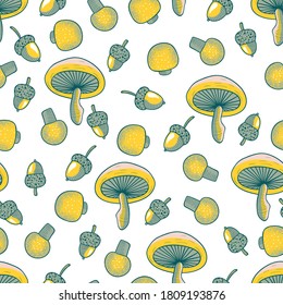 Fall Mushrooms and Acorns Vector Seamless Pattern