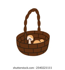 Fall mushrooms in wicker basket. Autumn forest food, harvest. Picked collected fungi. Natural organic fungus. Seasonal eating. Flat graphic vector illustration isolated on white background