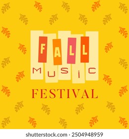 Fall Music Festival vector design element. Colorful autumn falling leaves foliage background. Piano keyboard cute cartoon. Autumn Fall season Fest live event, music concert performance illustration