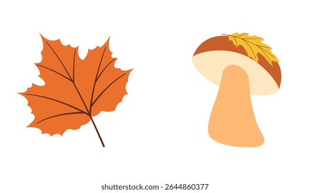 Fall nature icons in flat style: mushroom with leaf, orange leaf for design projects. Hand drawn vector set for banners, cards, social media