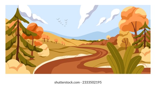 Fall nature landscape. Autumn panorama, rural scenery background with trees, plants, path way, footpath, sky horizon. Peaceful tranquil countryside, country panoramic view. Flat vector illustration