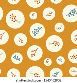 Fall nature polka dot pattern with autumn elements. Seasonal design with branches and leaves. Yellow red brown orange blue warm fall color. Repeating background for textile, home decor, packaging