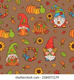 Fall nature repeat design with gnomes. Seamless pattern cute nordic gnomes in the garden with vegetable harvest, fruit basket, pumpkin, sunflower, autumn leaves. Fall Thanksgiving holiday print.