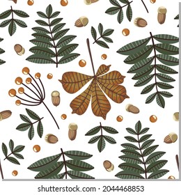 Fall nature seamless pattern. Leaves and acorns texture background. Natural art decoration. Autumn forest background.