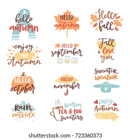 Fall nature season vintage hand drawn lettering stickers with text autumn and floral elements phrases vector illustration