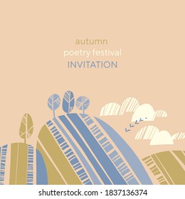 Fall nature soft and calm landscape with cloud, fields, sun, sky. Modern earthy colors laconic autumn landscape set for card, header, invitation, poster, social media, post publication