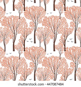 Fall nature wildlife seamless pattern Autumn trees background Plant with leaves. Forest birds ornamental endless pattern