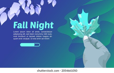 Fall night poster design illustration with a hand holding a dry leaf on a cyan and green gradient color. landing page, banner, Thanksgiving, vector EPS 10