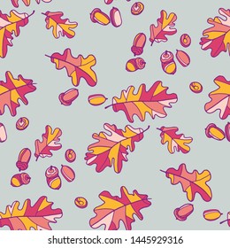 Fall oak acorn and leaves seamless pattern. Fun eco natural background. Bright pink and yellow decorative autumn repeatable motif for fabric, textile, web and print surface project.