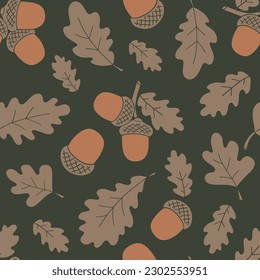 Fall oak-tree leaves acorn vector seamless pattern. Retro autumn surface design for textile, scrapbook, card making 