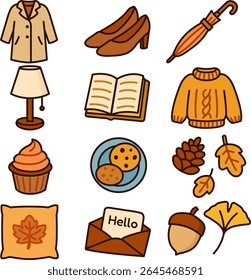 A fall object clipart set featuring cozy seasonal items like sweater, lamp, cupcake, shoes, and autumn leaves. Perfect for fall content, social graphics, and seasonal designs.