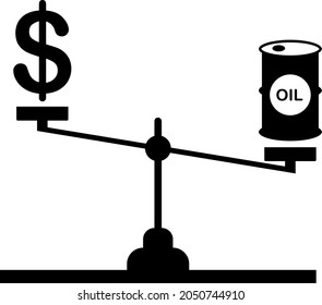 The fall of oil and the dollar is on the scales. Oil is getting cheaper against the dollar. Vector flat image isolated on a white background.