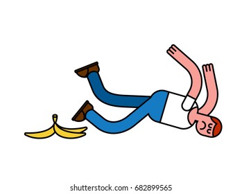 Fall on banana. Slip on banana peel. guy flopped. Man fell
