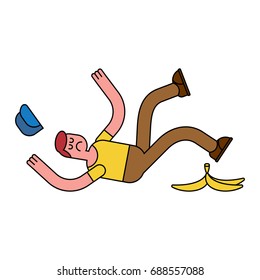 Fall on banana. Slip on banana peel. guy flopped. Man fell
