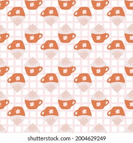Fall Orange Pumpkin Spice Latte Coffee Seamless Pattern On Gingham Background