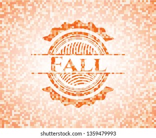 Fall orange tile background illustration. Square geometric mosaic seamless pattern with emblem inside.