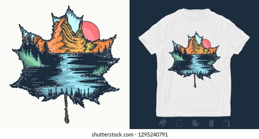 Fall outdoors. Autumn leaf and mountains. Print for t-shirts and another, trendy apparel design.  Symbol of tourism and adventure 