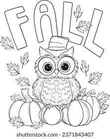 Fall with Owl and pumpkins elements. Doodles art for greeting cards, invitation or poster. Coloring book for adult and kids.