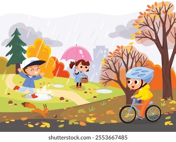 Fall in the park with kids walking. Autumn landscape. Children outdoors in cold weather Child riding a bike. Child gathering mushrooms in the forest. Nature with people. 