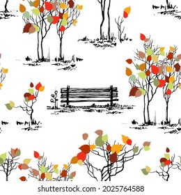 Fall in the park seamless pattern, autumn trees and a bench design