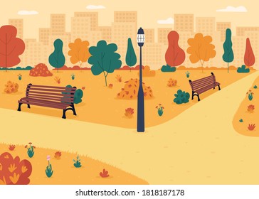 Fall park sidewalks flat color vector illustration. Roads near lawn with flowers. Seasonal weather in city. Benches near road. Autumn garden 2D cartoon landscape with skyline on background