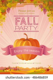 Fall party invitation design. Harvest festival poster. Thanksgiving day - american traditional family holiday. Autumn pumpkin patch, landscape background, villa house, agriculture vector illustration.