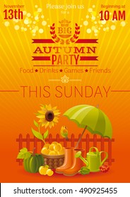 Fall party poster. Vector banner illustration. Autumn thanksgiving festival invitation with elegant holiday symbols - pumpkin, umbrella parasol, rubber shoes, watering can, apple picking basket. 