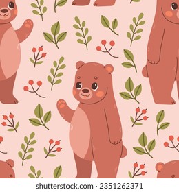 Fall pattern with bear. Seamless woodland pattern with leaves and cute forest animal on pink background
