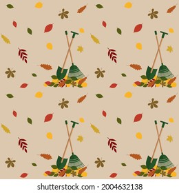 Fall pattern featuring fall foliage and garden tools. Vector