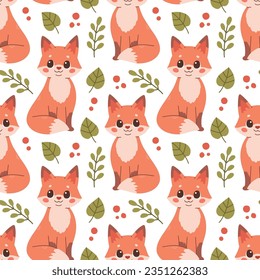 Fall pattern with fox. Seamless woodland pattern with leaves and cute forest animal on white background