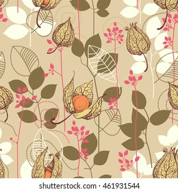 Fall pattern. Fruits and leaves in autumn colors background