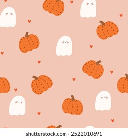 Fall pattern with ghost, pumpkins and hearts, Seamless pattern.