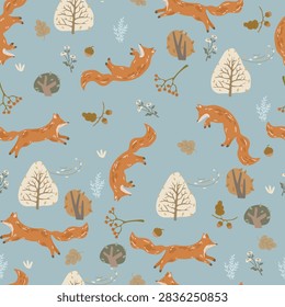 Fall pattern with hand drawn foxes, acorns, bushes, plants and flowers Cozy fall illustration with animals and fall forest.