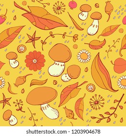 Fall pattern. Mushrooms, autumn leaves and flowers