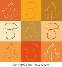 Fall pattern with mushrooms and leaves in warm autumn color palette. Simple line art design.