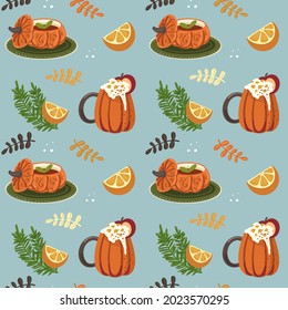 Fall pattern with  
pumpkin juice, oranges and rosemary. Cute autumn seamless background. Thanksgiving pumpking pattern. Thanksgiving vector illustration. Decorative pumpkins. Autumn print.