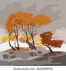Fall pattern with trees, flowers and snow. Vector iluustration with nahd drawn fall landscape.
