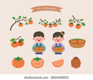 A fall persimmon harvest set with persimmon branches, kids holding baskets, whole persimmons, sliced persimmons, and dried persimmon.