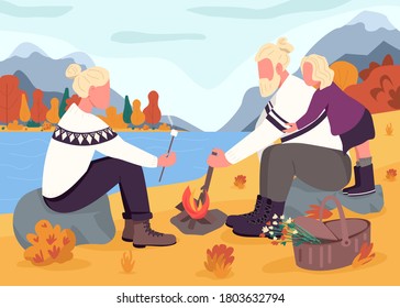 Fall picnic flat color vector illustration. Mother and father roast marshmallows with daughter. Autumn vacation on mountainside. Nordic family 2D cartoon characters with landscape on background